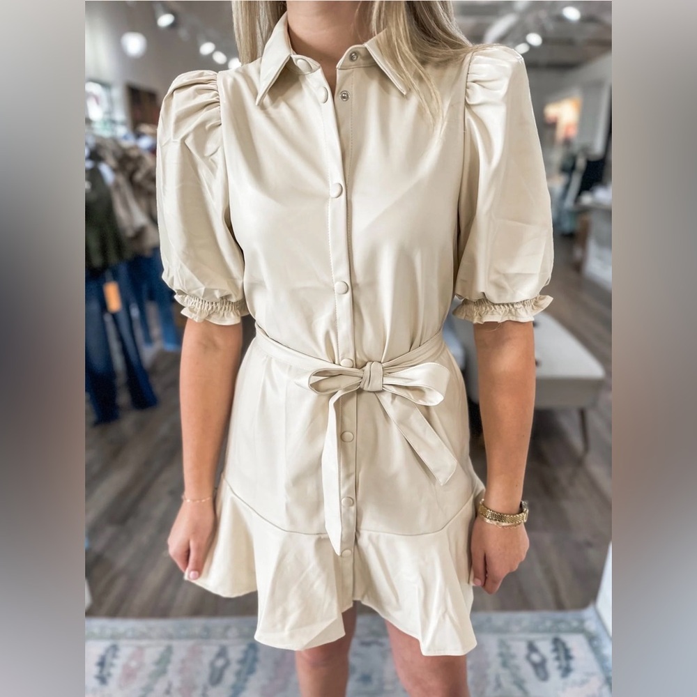 NWOT faux leather ivory button up puff sleeve dress with belt, pair with boots!